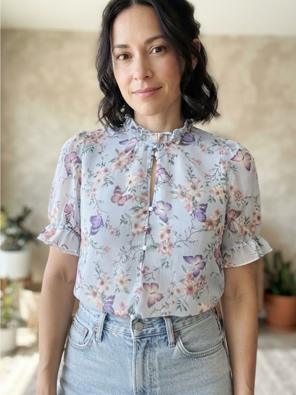 Light Blue Floral and butterfly Ruffle Neck lined Blouse — Women's Top medium